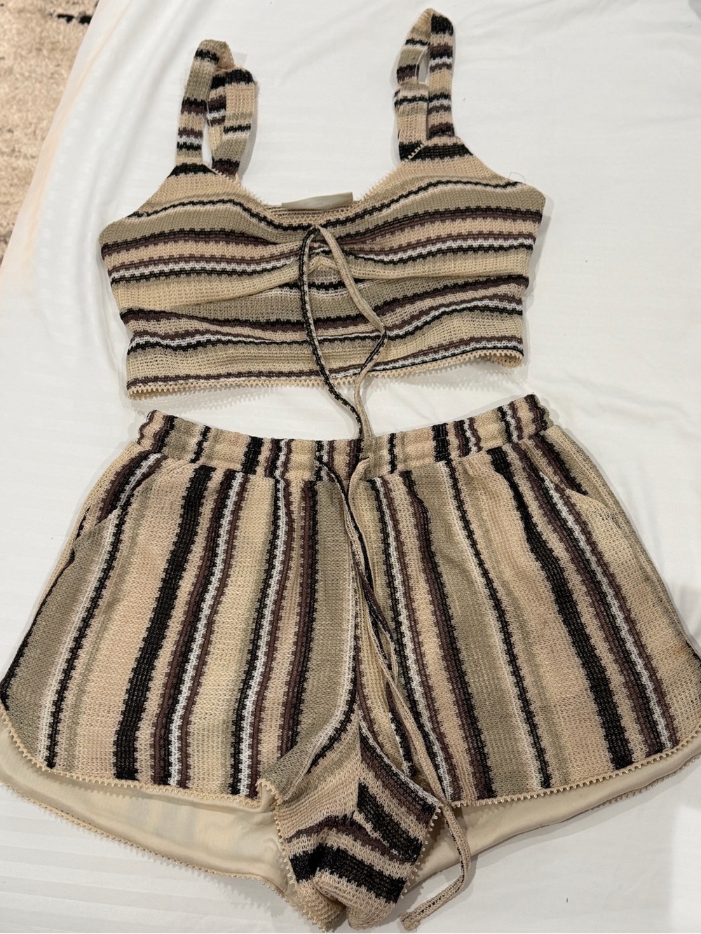 Striped Knit Crop Top and Shorts Set - Neutral Stripes